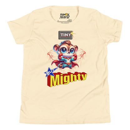 Cute cartoon Philippine tarsier dressed as a superhero with “Tiny But Mighty” text and lightning effects on a youth t-shirt design.