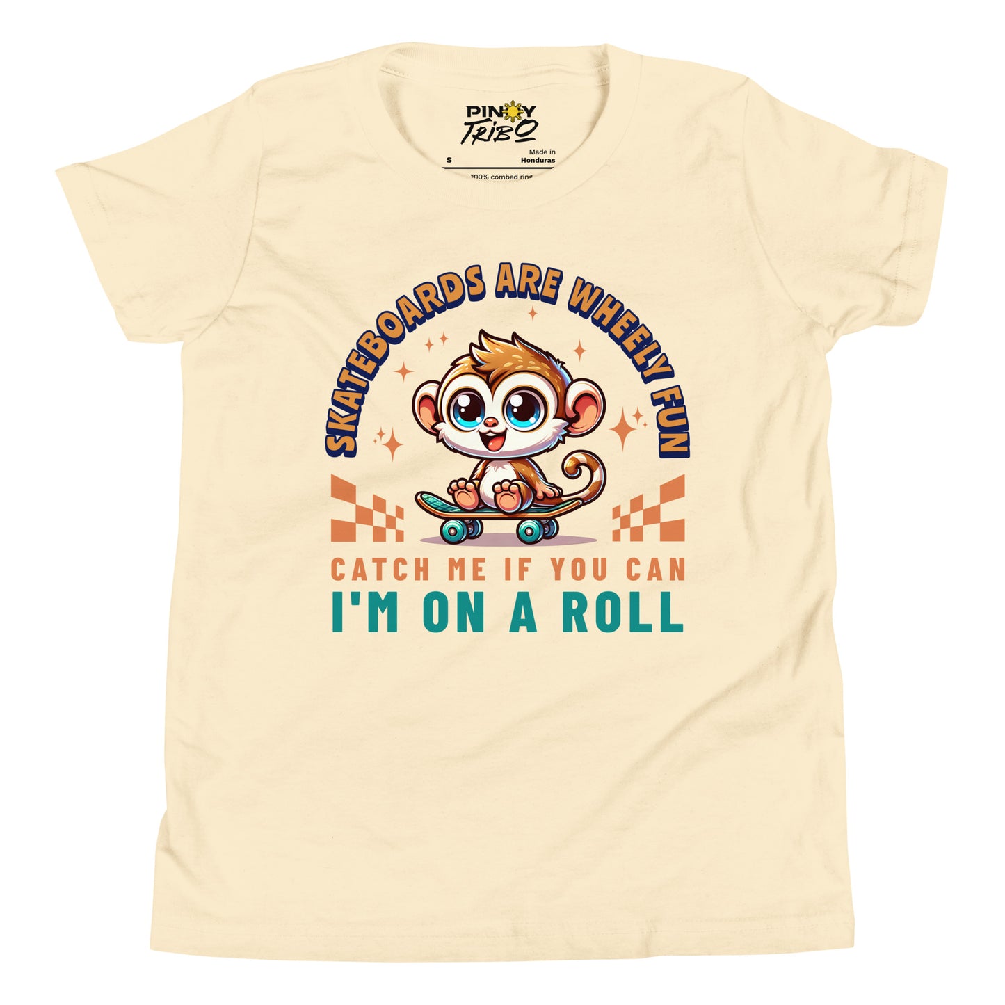 Cute cartoon Philippine tarsier riding a skateboard with playful text “Skateboards Are Wheely Fun,” “Catch Me If You Can,” and “I’m On a Roll” on a youth t-shirt design.