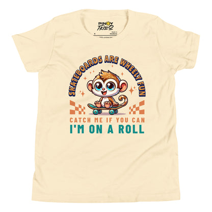 Cute cartoon Philippine tarsier riding a skateboard with playful text “Skateboards Are Wheely Fun,” “Catch Me If You Can,” and “I’m On a Roll” on a youth t-shirt design.