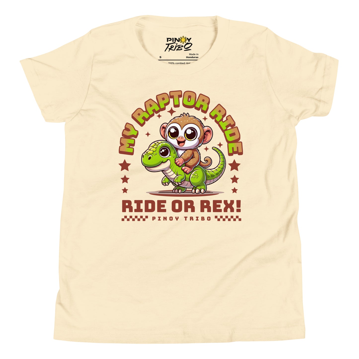 Cute cartoon Philippine tarsier riding a green dinosaur with stars and the text “My Raptor Ride, Ride or Rex!” on a youth t-shirt design.