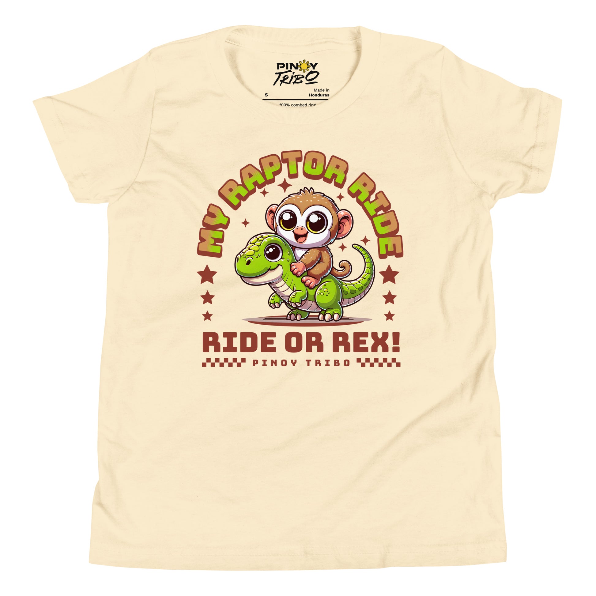 Cute cartoon Philippine tarsier riding a green dinosaur with stars and the text “My Raptor Ride, Ride or Rex!” on a youth t-shirt design.