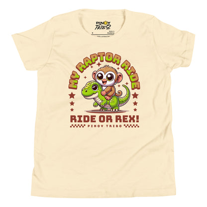 Cute cartoon Philippine tarsier riding a green dinosaur with stars and the text “My Raptor Ride, Ride or Rex!” on a youth t-shirt design.