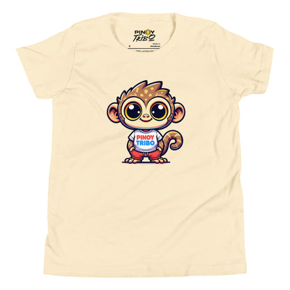 Cute cartoon Philippine tarsier wearing a t-shirt with the text “Pinoy Tribo” on a youth t-shirt design.
