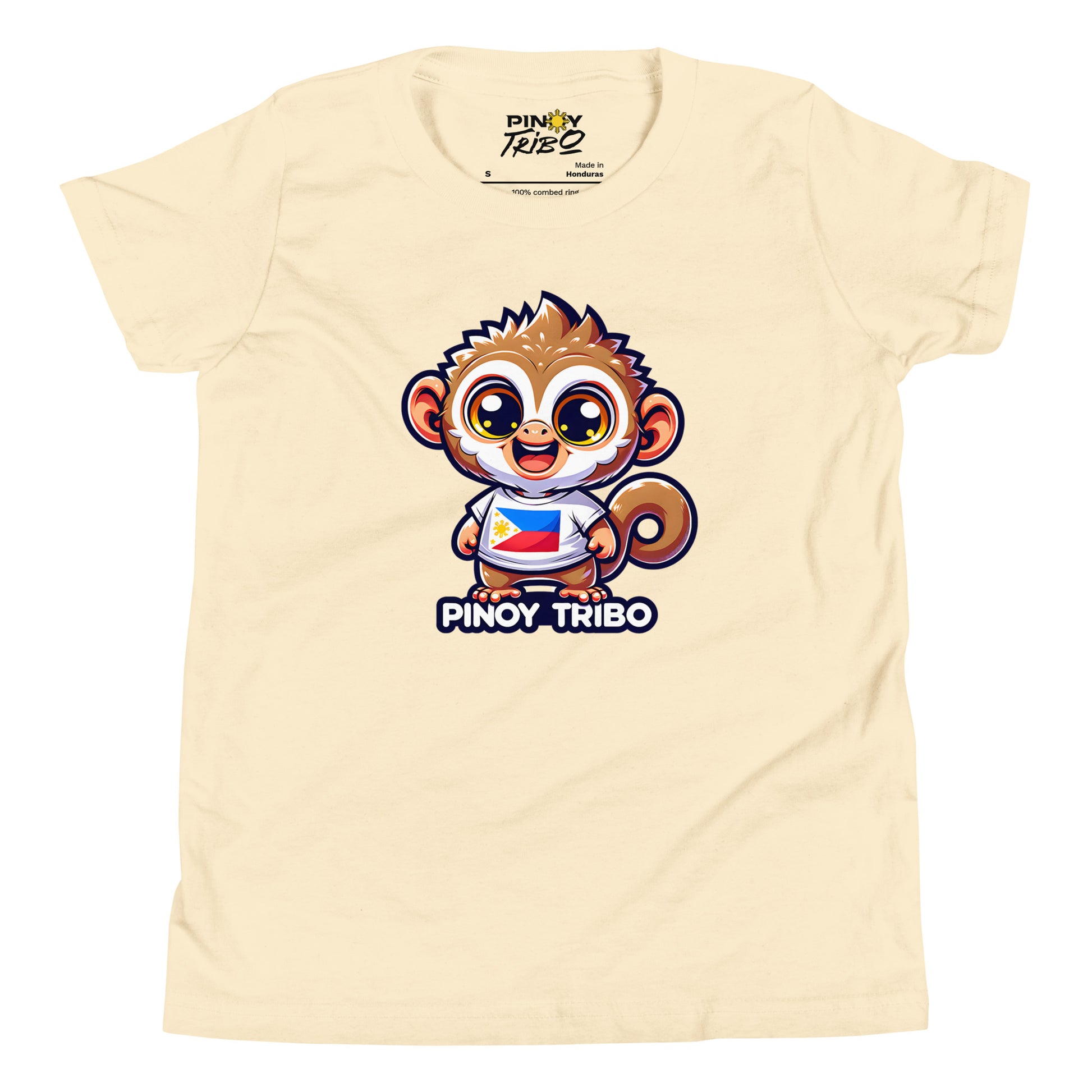 Cute cartoon Philippine tarsier wearing a shirt with the Philippine flag and “Pinoy Tribo” text on a youth t-shirt design.
