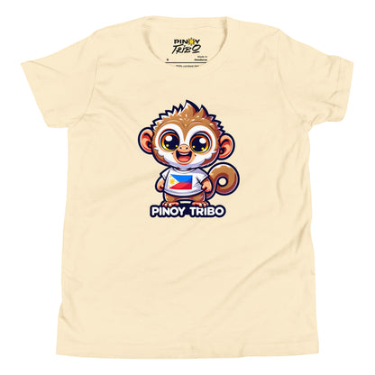 Cute cartoon Philippine tarsier wearing a shirt with the Philippine flag and “Pinoy Tribo” text on a youth t-shirt design.