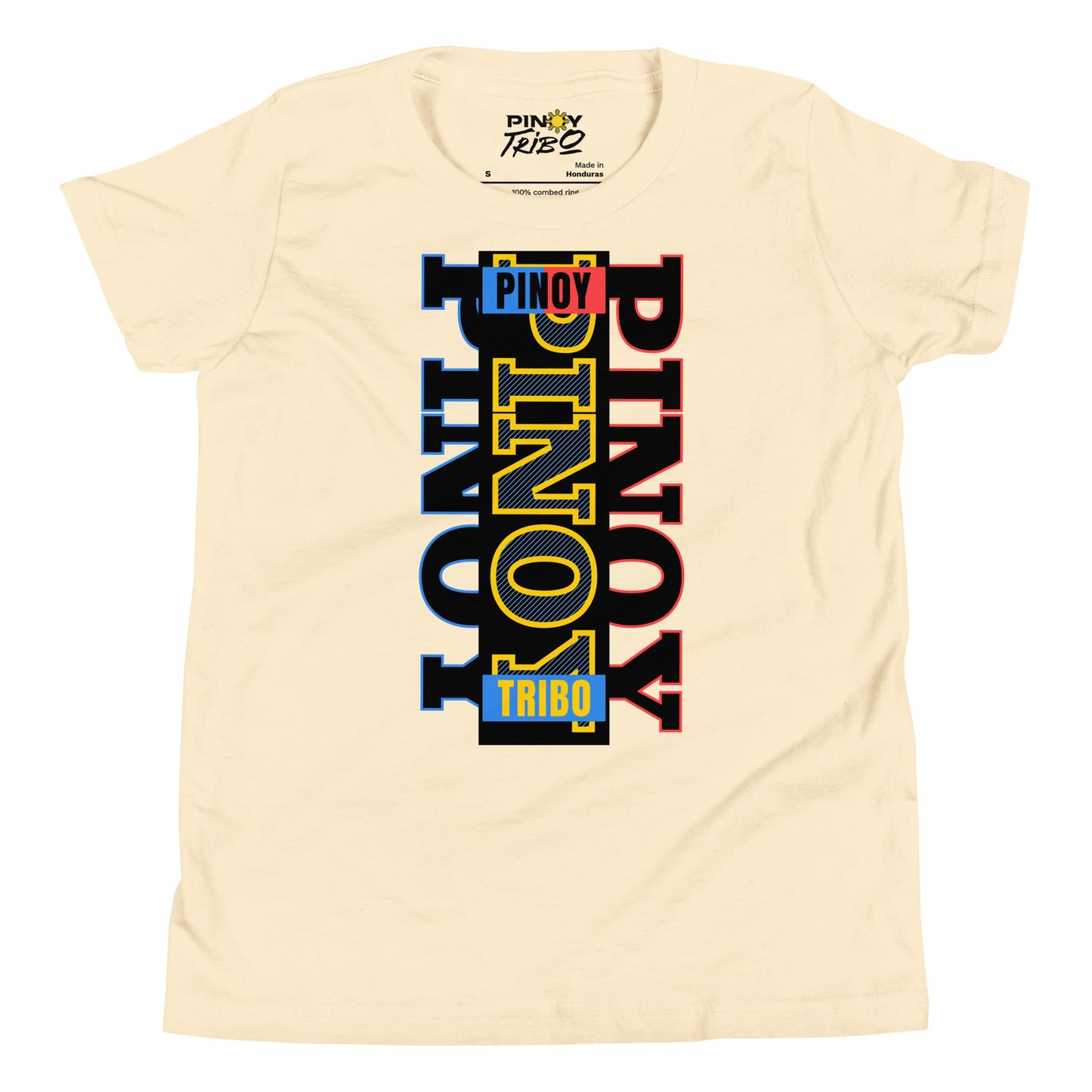 Vertical “Pinoy” text in blue, yellow, and red tri-color design inspired by the Philippine flag on a youth t-shirt.