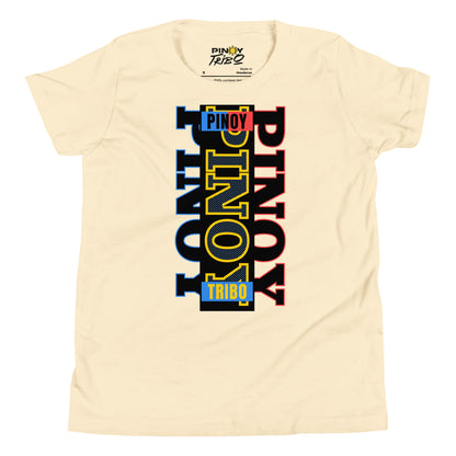Vertical “Pinoy” text in blue, yellow, and red tri-color design inspired by the Philippine flag on a youth t-shirt.