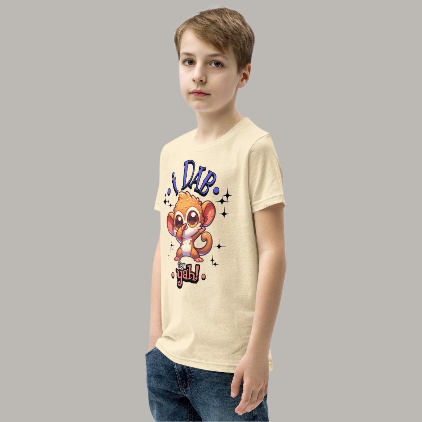 Cute cartoon Philippine tarsier named Taro dabbing with sparkling accents and “I Dab for Yah!” text on a youth t-shirt design.