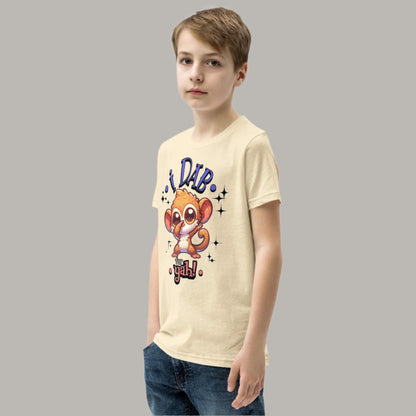 Cute cartoon Philippine tarsier named Taro dabbing with sparkling accents and “I Dab for Yah!” text on a youth t-shirt design.