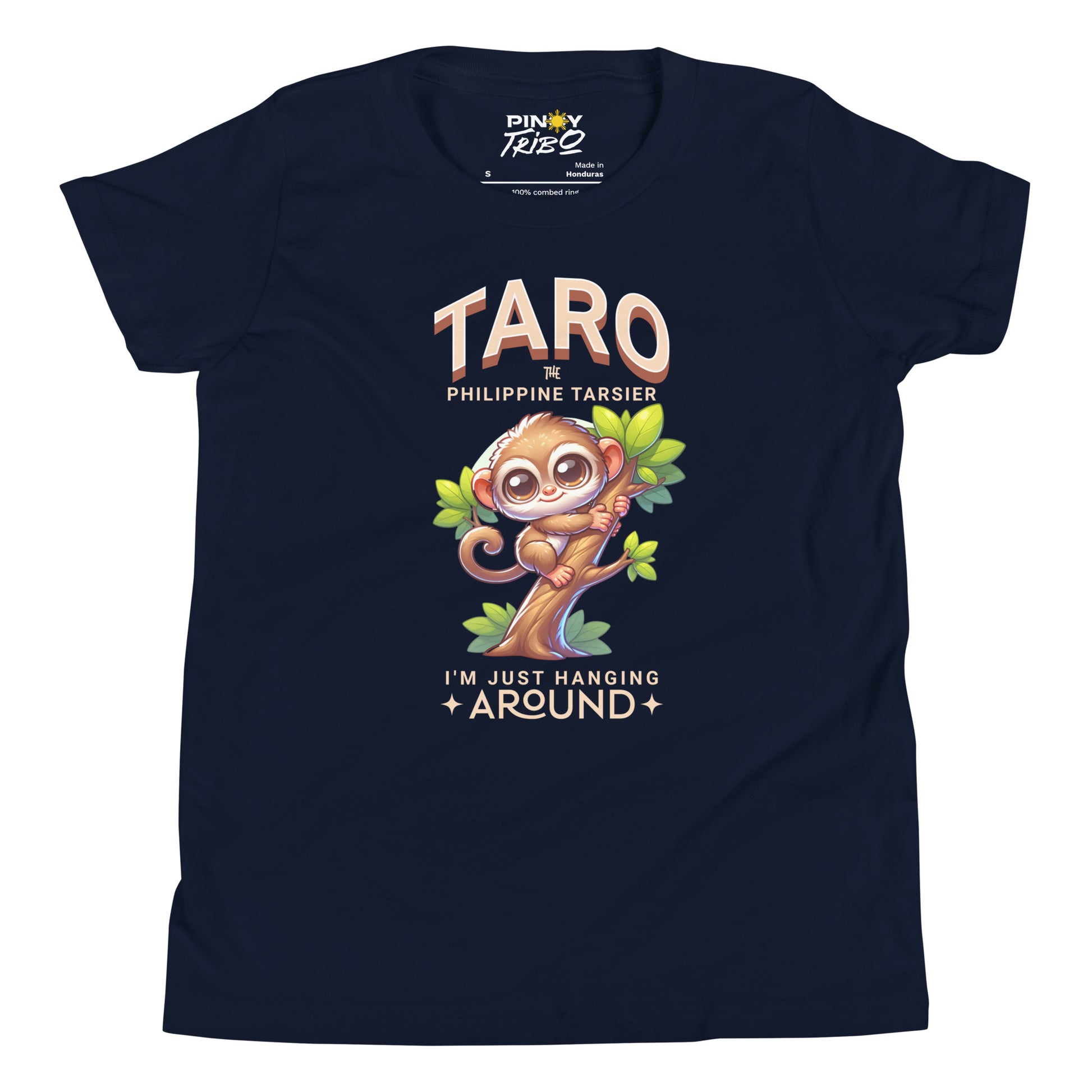 Cartoon Philippine tarsier named Taro hanging on a tree with “I’m just hanging around” text, featured on a Filipino youth t-shirt design.
