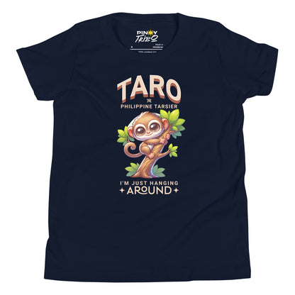 Cartoon Philippine tarsier named Taro hanging on a tree with “I’m just hanging around” text, featured on a Filipino youth t-shirt design.