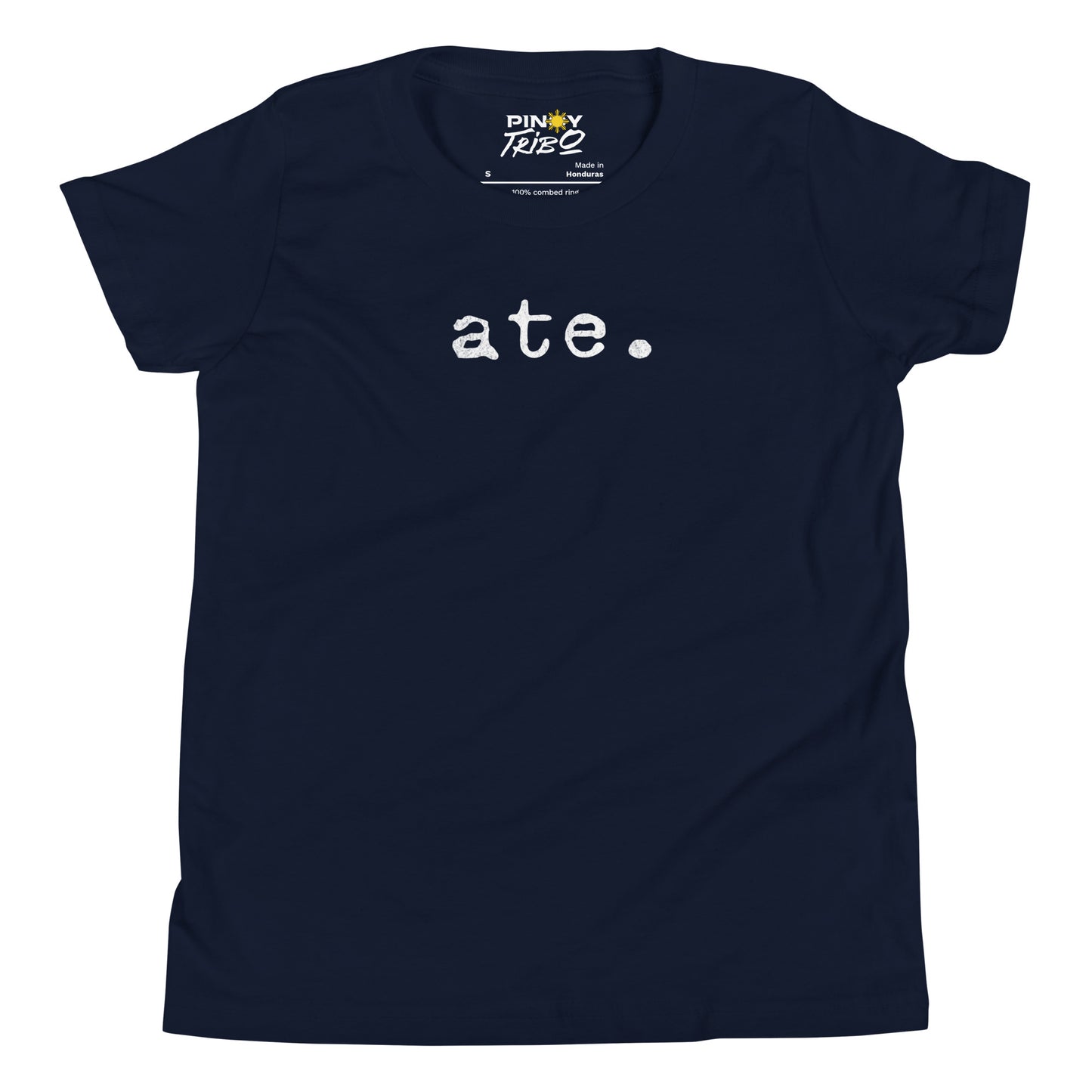 Minimalist white text “ate.” in a typewriter-style font on a youth t-shirt design.
