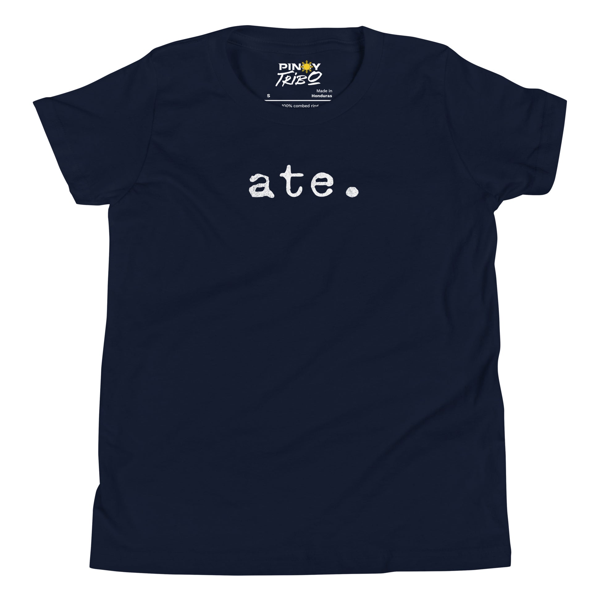 Minimalist white text “ate.” in a typewriter-style font on a youth t-shirt design.