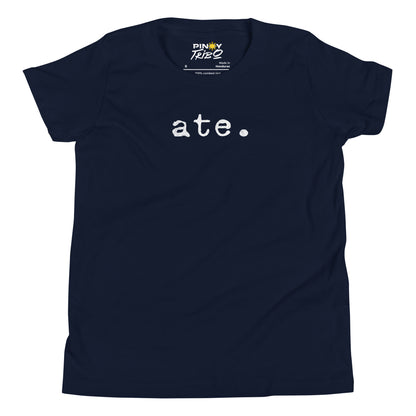 Minimalist white text “ate.” in a typewriter-style font on a youth t-shirt design.