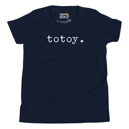 Minimalist white text “totoy.” in a typewriter-style font on a youth t-shirt design.