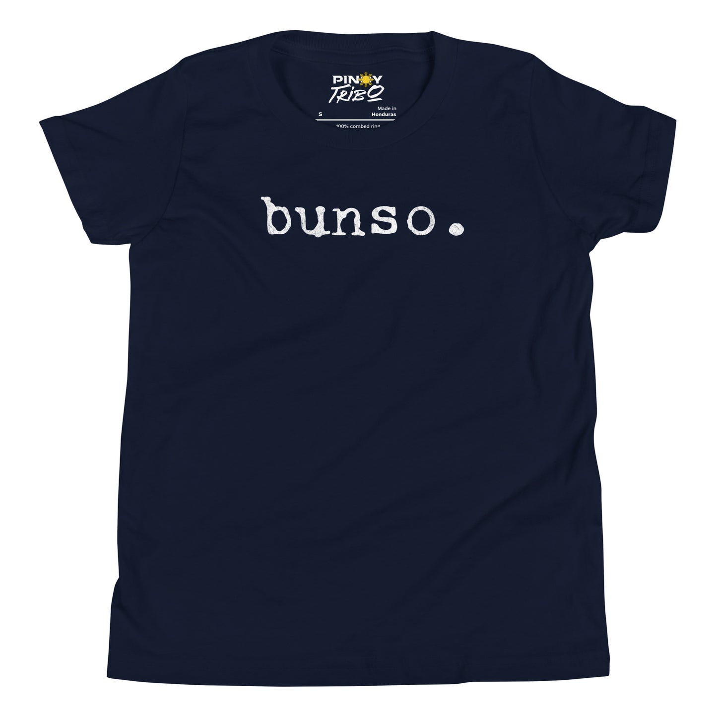 Minimalist white text “bunso.” in a typewriter-style font on a youth t-shirt design.