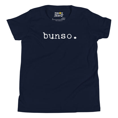Minimalist white text “bunso.” in a typewriter-style font on a youth t-shirt design.