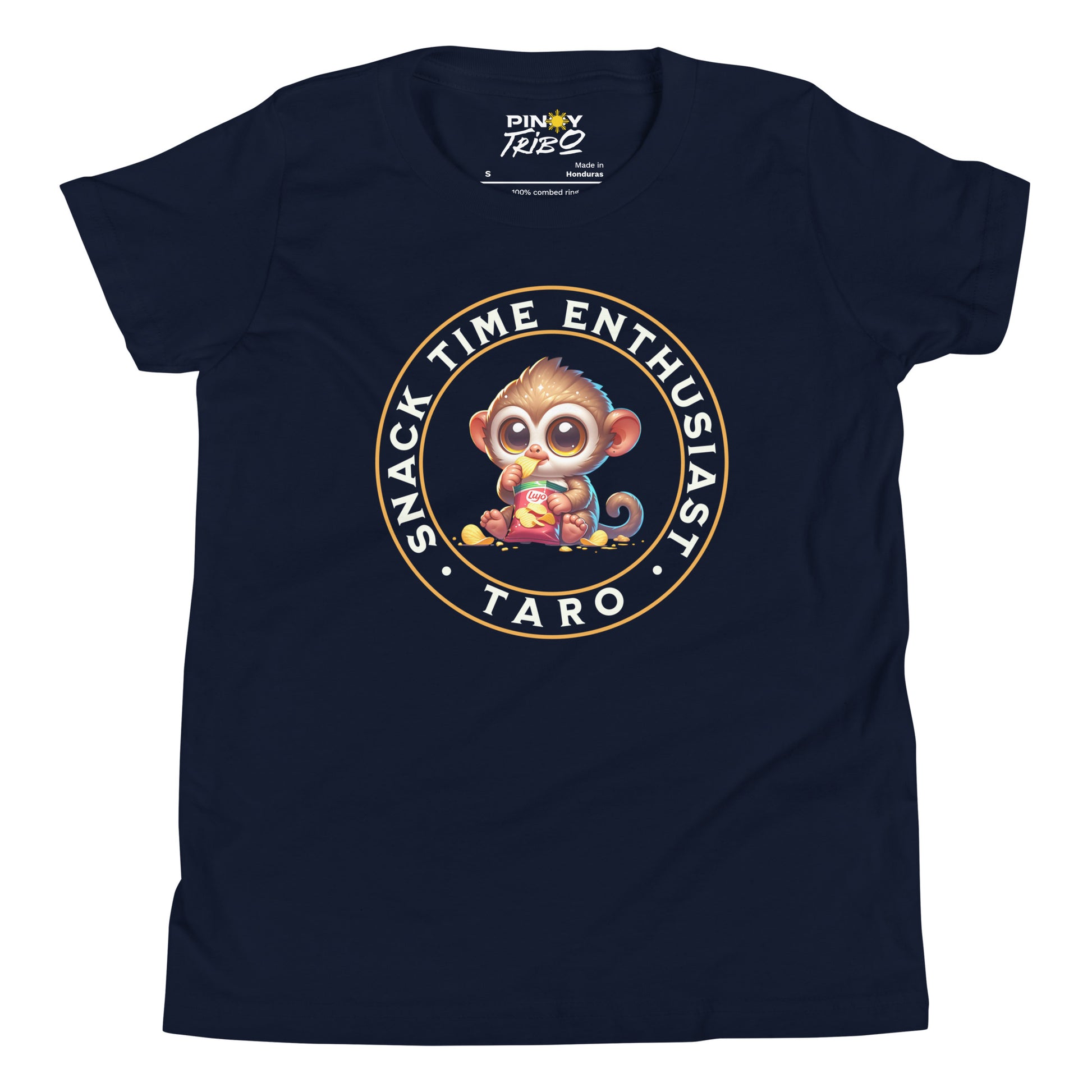 Cute cartoon Philippine tarsier named Taro eating chips with “Snack Time Enthusiast” text in a circular badge on a youth t-shirt design.