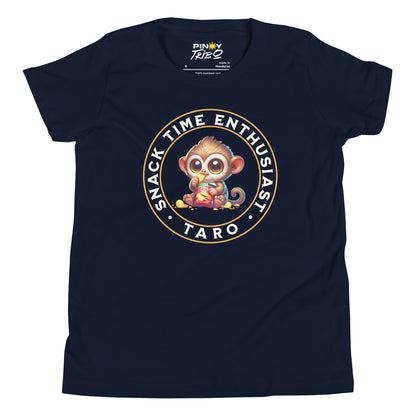 Cute cartoon Philippine tarsier named Taro eating chips with “Snack Time Enthusiast” text in a circular badge on a youth t-shirt design.