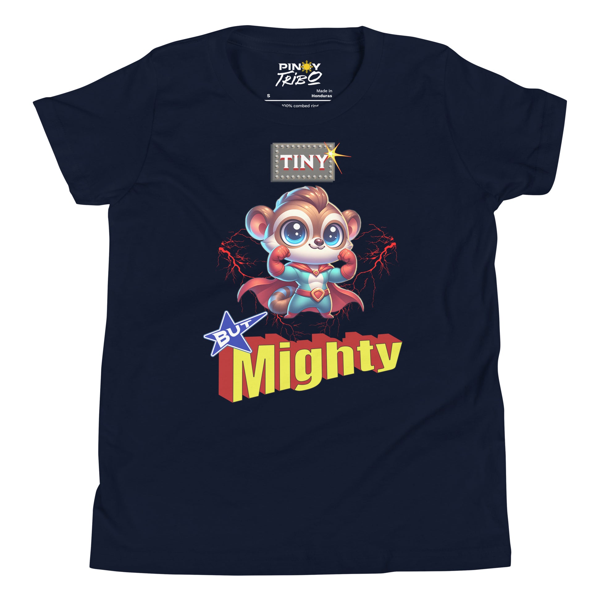 Cute cartoon Philippine tarsier dressed as a superhero with “Tiny But Mighty” text and lightning effects on a youth t-shirt design.