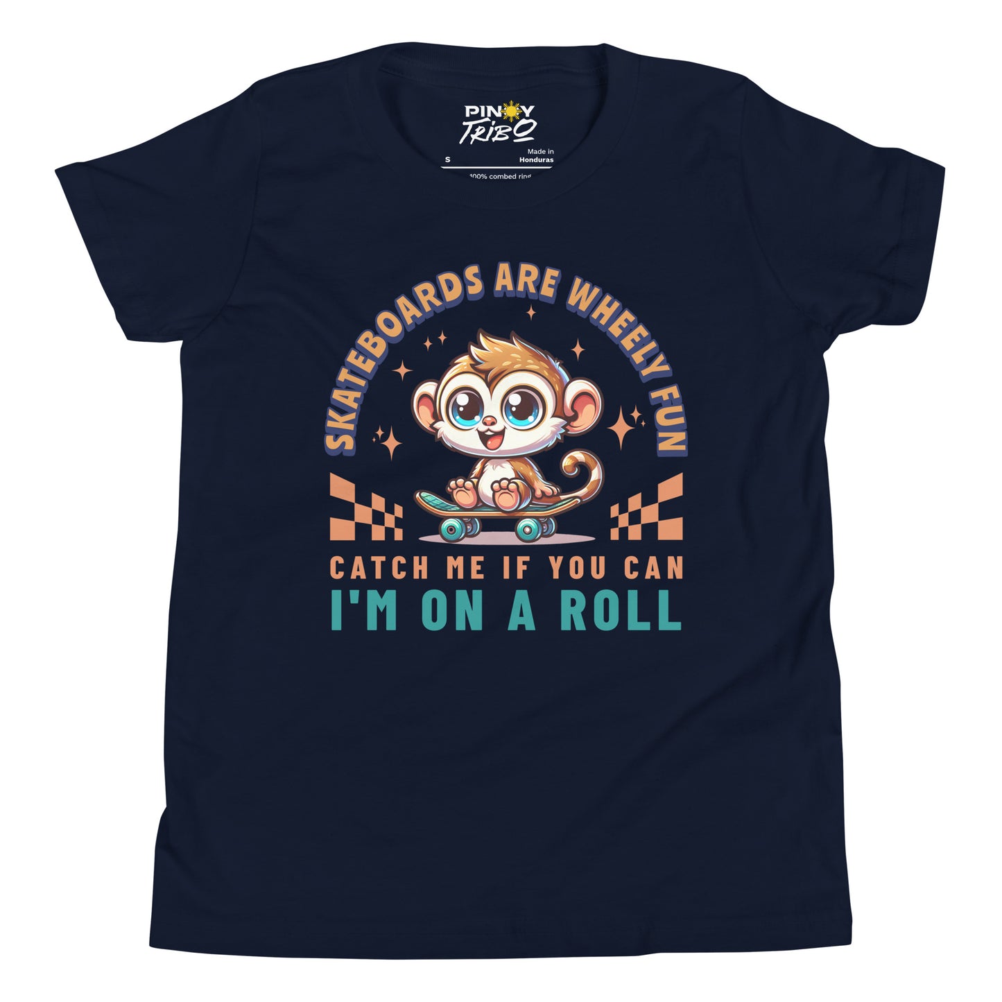 Cute cartoon Philippine tarsier riding a skateboard with playful text “Skateboards Are Wheely Fun,” “Catch Me If You Can,” and “I’m On a Roll” on a youth t-shirt design.