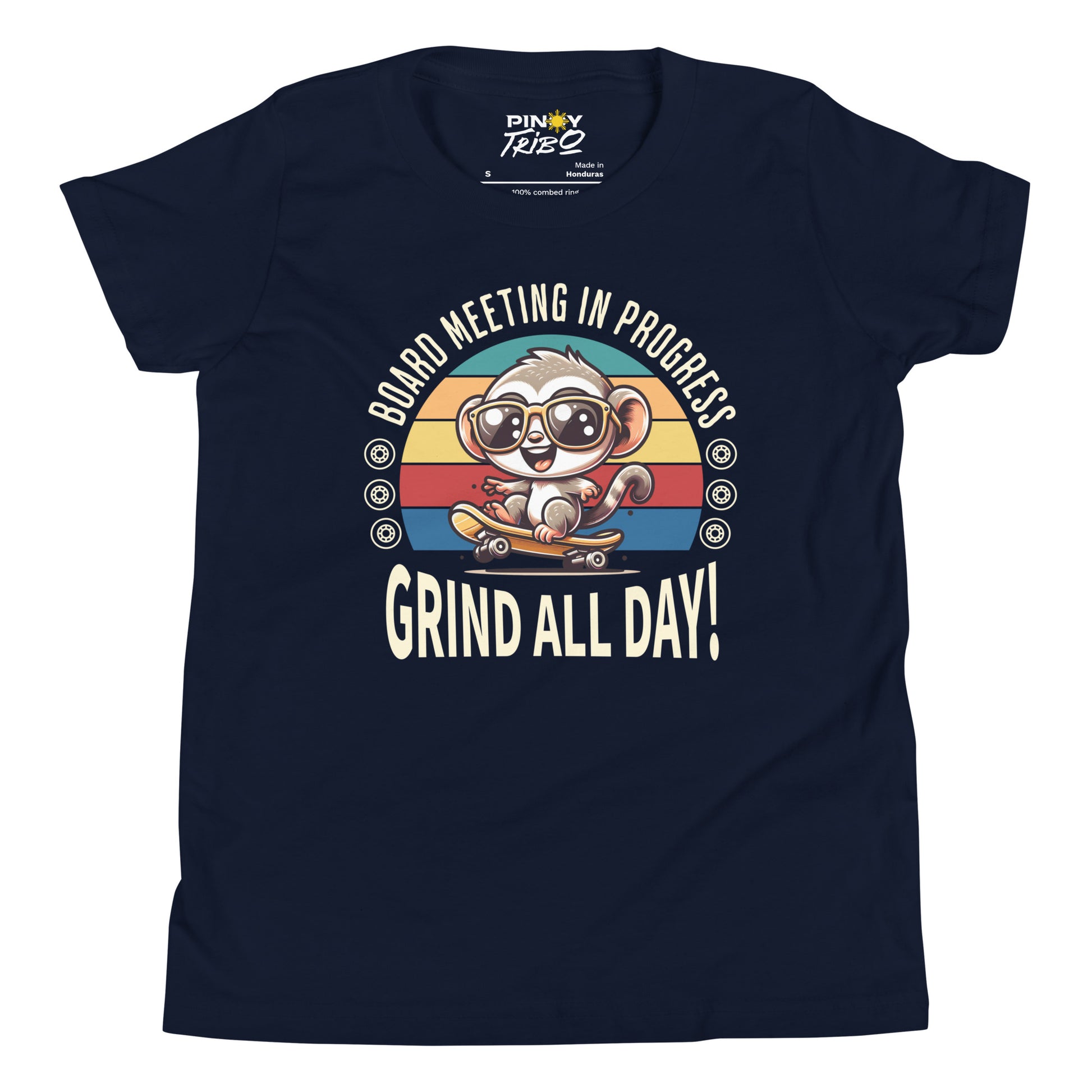 Cute cartoon Philippine tarsier wearing sunglasses, riding a skateboard with a retro striped background and the text “Board Meeting in Progress” and “Grind All Day!” on a youth t-shirt design.
