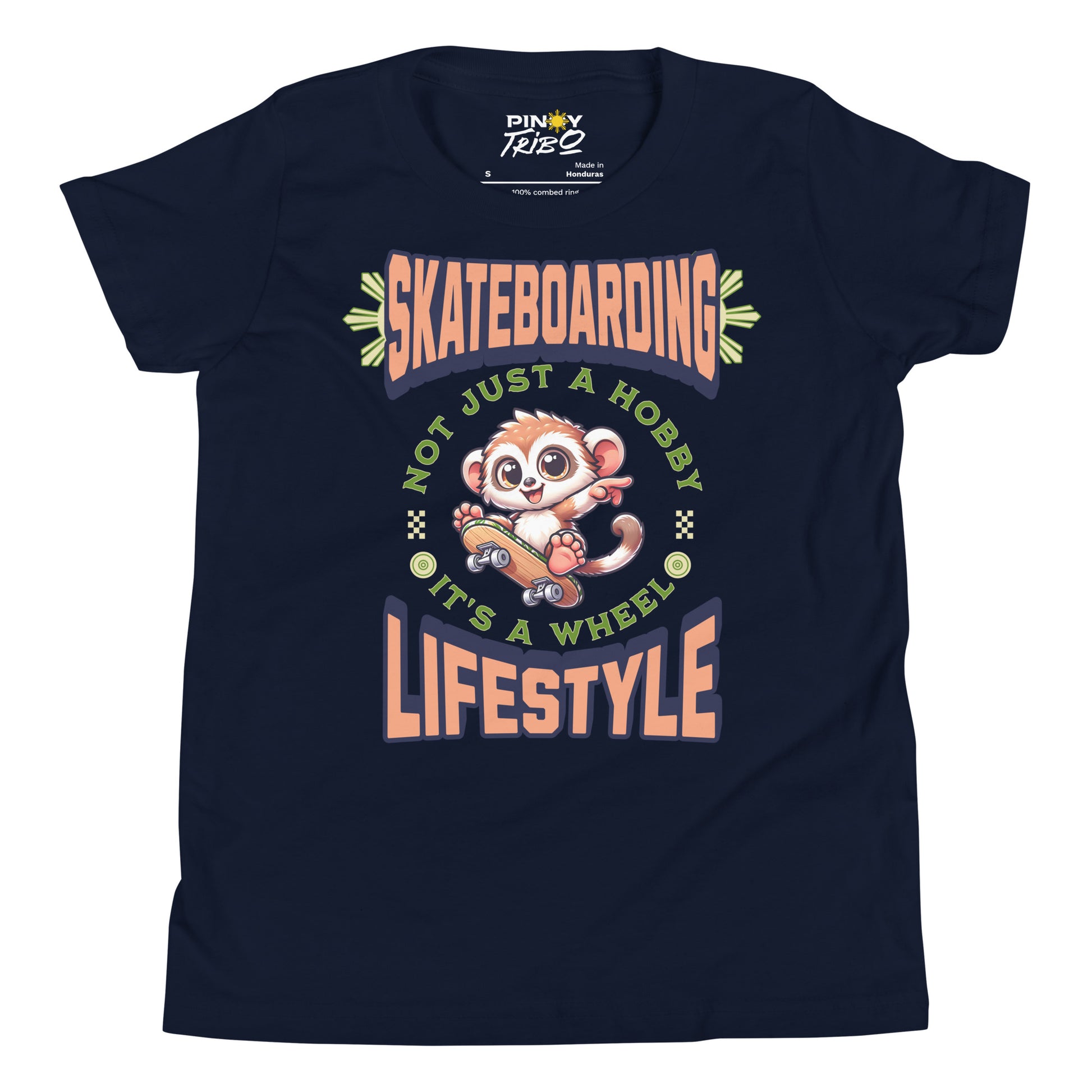 Cute cartoon Philippine tarsier riding a skateboard with the text “Skateboarding Not Just a Hobby, It’s a Wheel Lifestyle” on a youth t-shirt design.