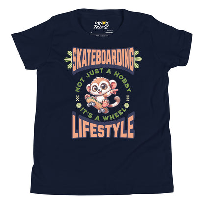 Cute cartoon Philippine tarsier riding a skateboard with the text “Skateboarding Not Just a Hobby, It’s a Wheel Lifestyle” on a youth t-shirt design.