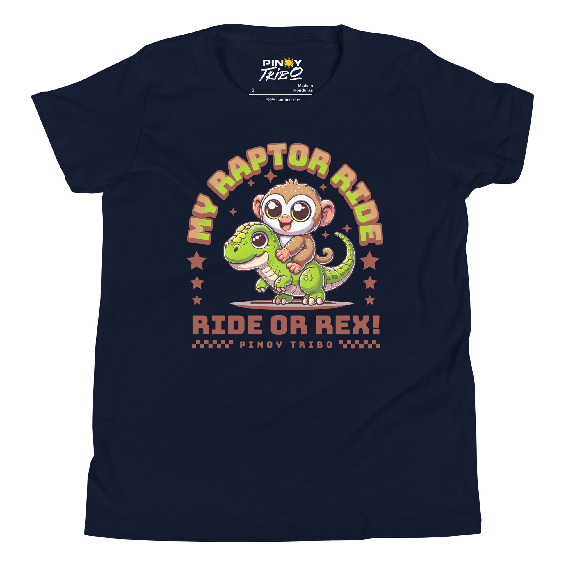 Cute cartoon Philippine tarsier riding a green dinosaur with stars and the text “My Raptor Ride, Ride or Rex!” on a youth t-shirt design.