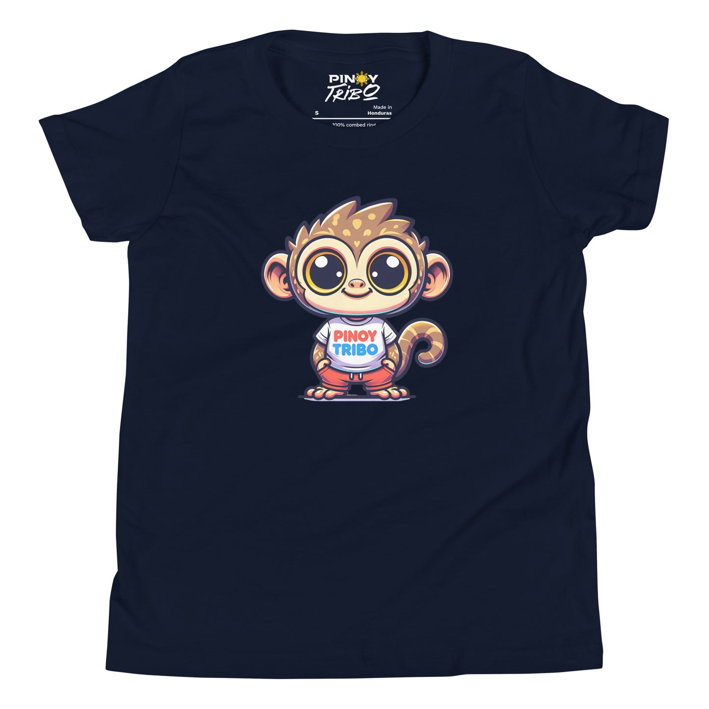Cute cartoon Philippine tarsier wearing a t-shirt with the text “Pinoy Tribo” on a youth t-shirt design.