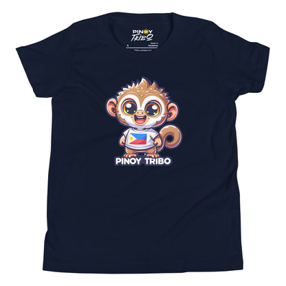 Cute cartoon Philippine tarsier wearing a shirt with the Philippine flag and “Pinoy Tribo” text on a youth t-shirt design.