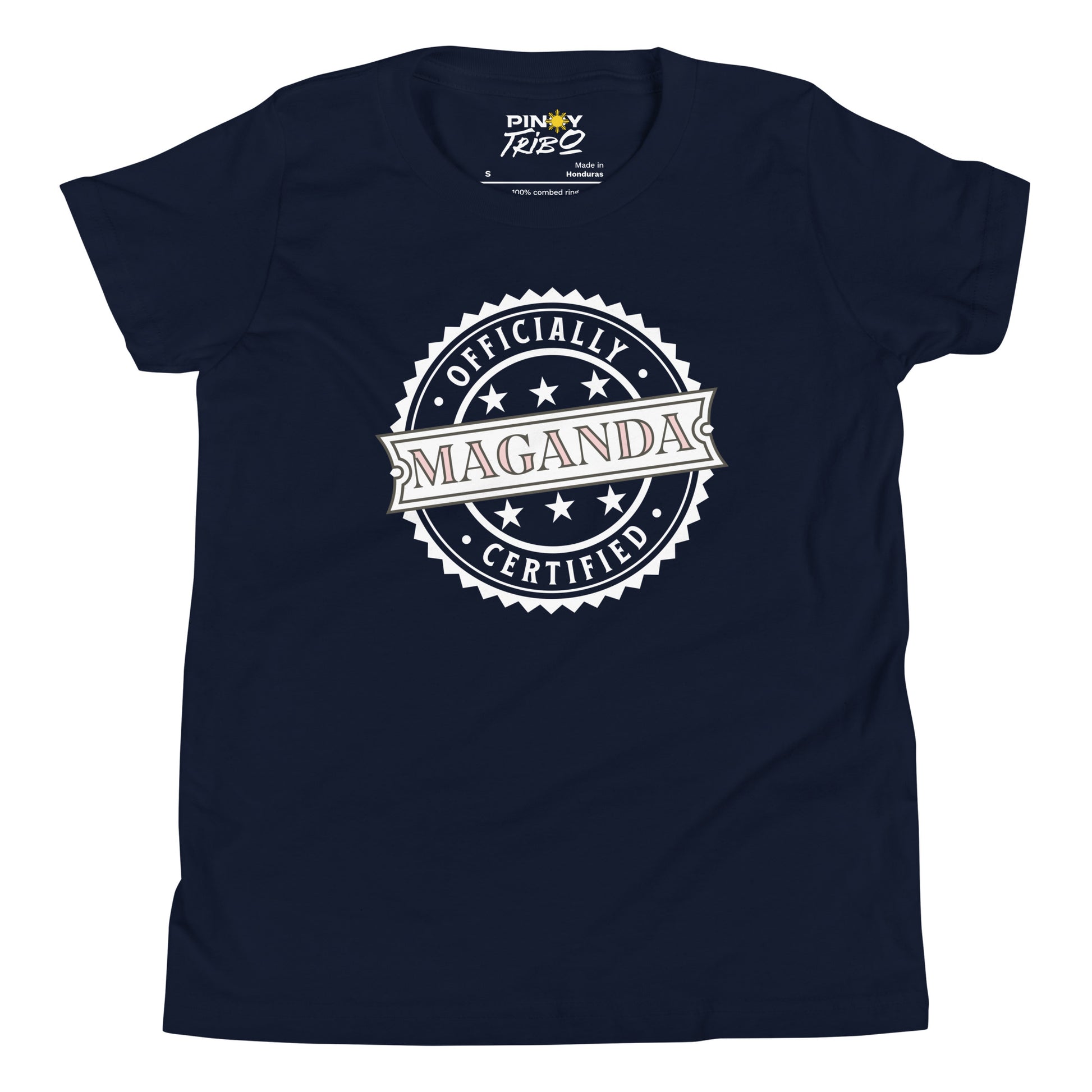 Circular badge design with the words “Officially Certified Maganda” on a youth t-shirt.
