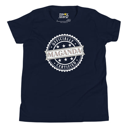 Circular badge design with the words “Officially Certified Maganda” on a youth t-shirt.