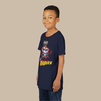 Cute cartoon Philippine tarsier dressed as a superhero with “Tiny But Mighty” text and lightning effects on a youth t-shirt design.