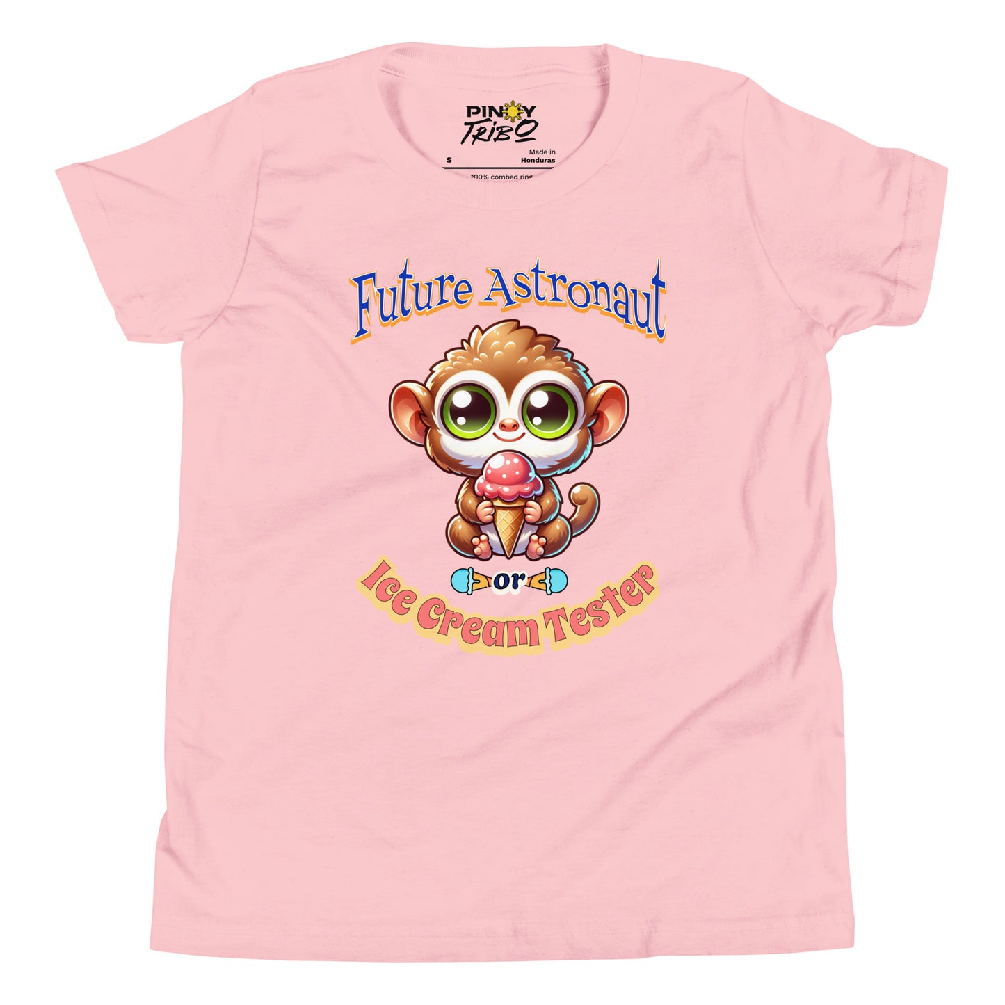 Cute cartoon Philippine tarsier named Taro holding an ice cream cone with “Future Astronaut or Ice Cream Tester” text on a youth t-shirt design.