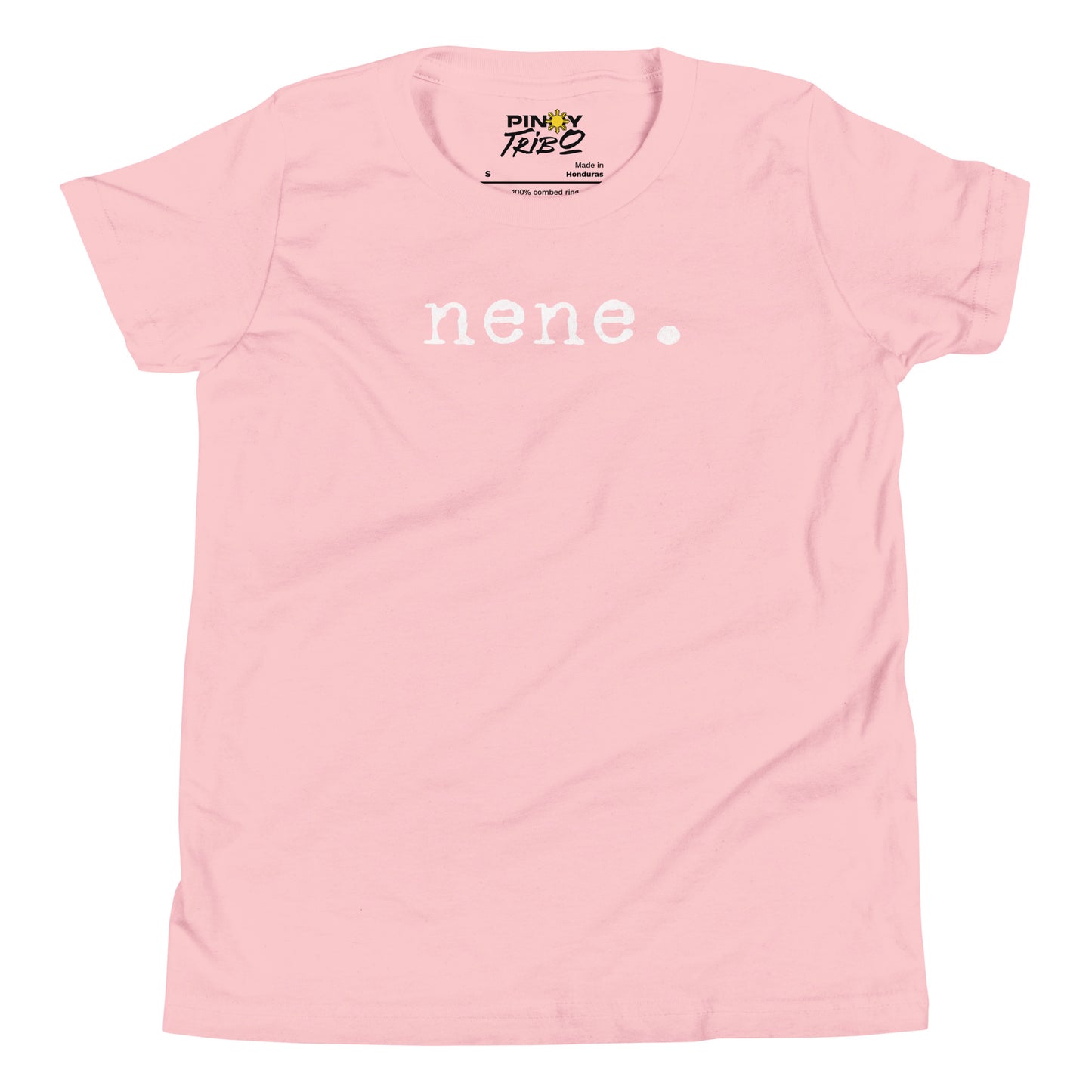 Minimalist white text “nene.” in a typewriter-style font on a youth t-shirt design.