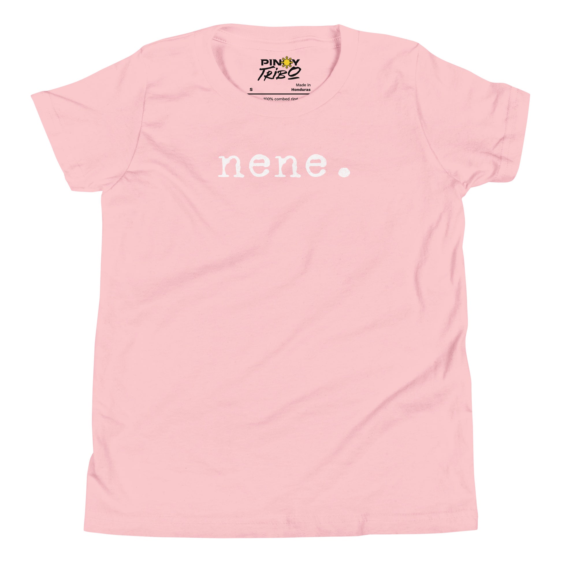 Minimalist white text “nene.” in a typewriter-style font on a youth t-shirt design.