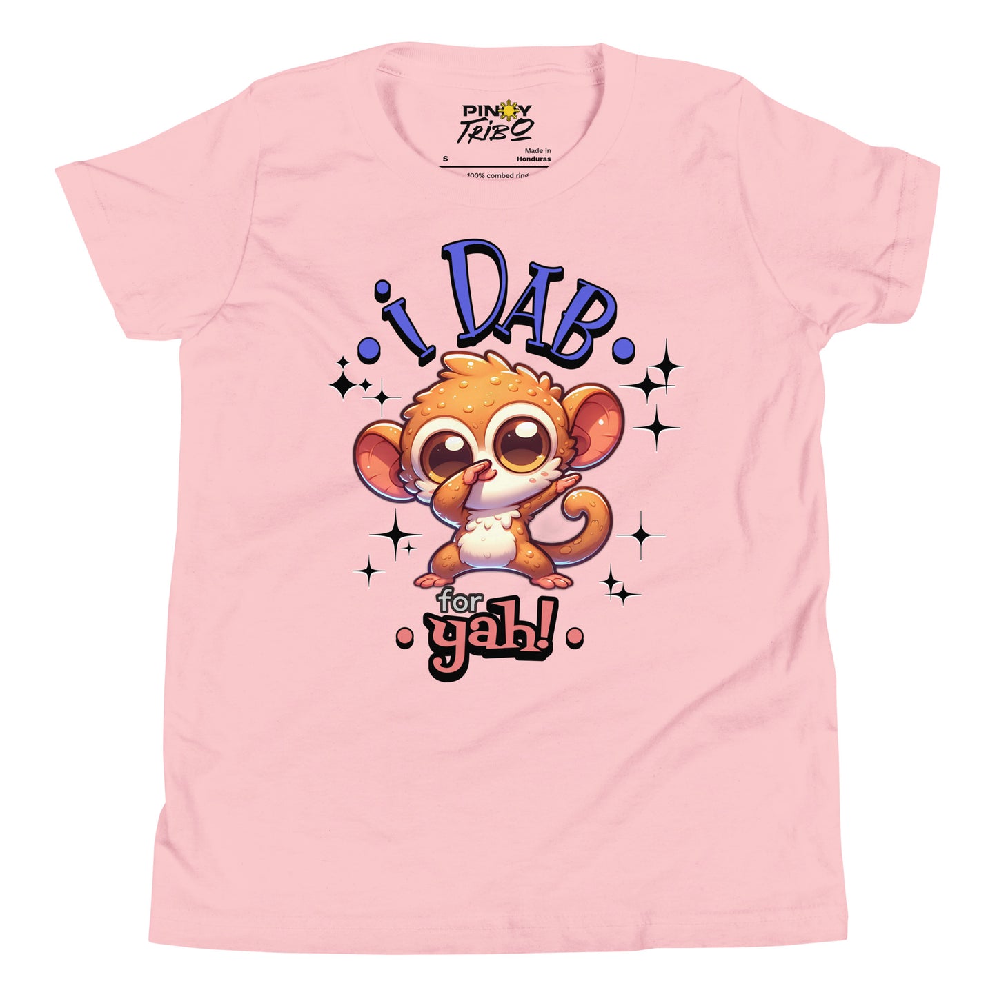 Cute cartoon Philippine tarsier named Taro dabbing with sparkling accents and “I Dab for Yah!” text on a youth t-shirt design.