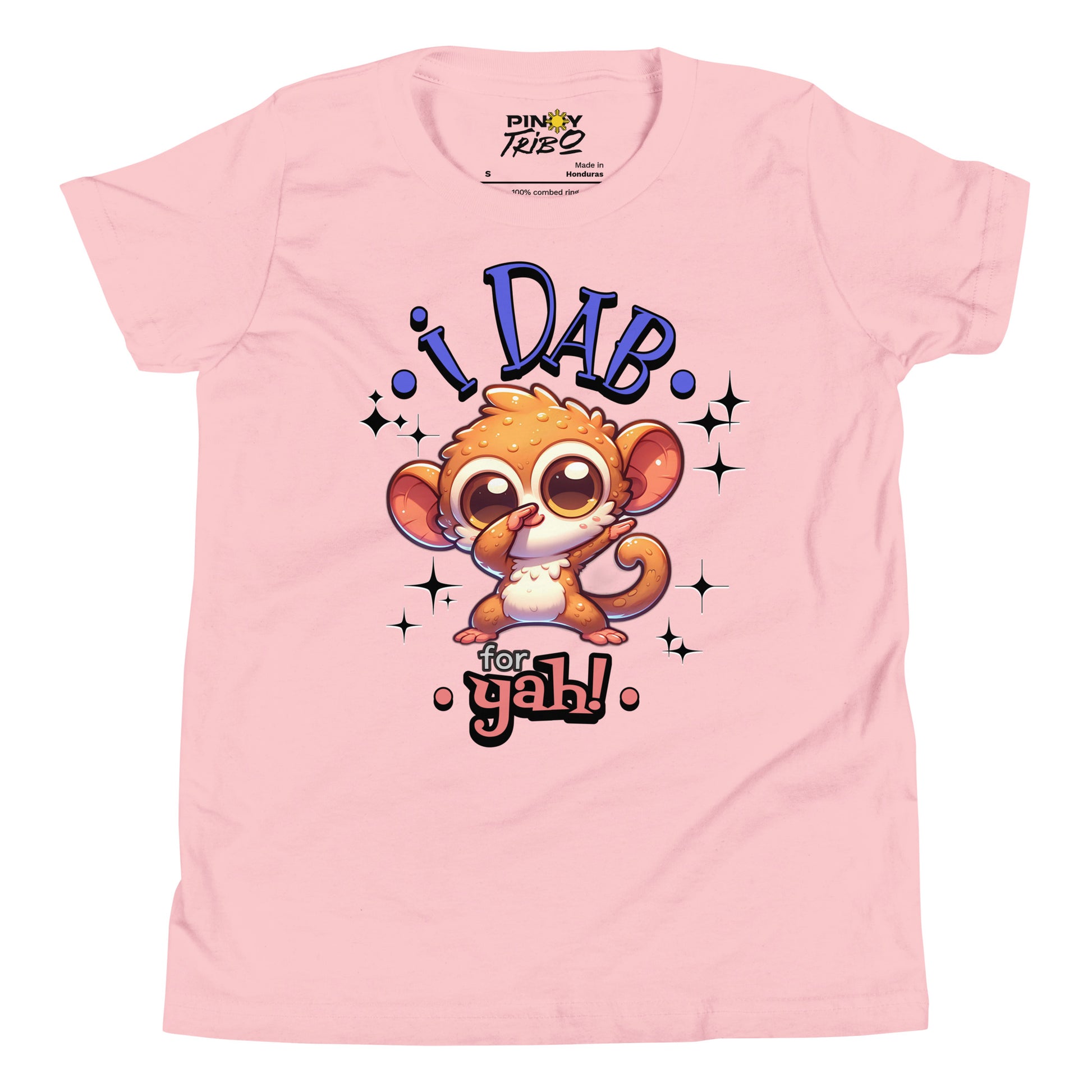 Cute cartoon Philippine tarsier named Taro dabbing with sparkling accents and “I Dab for Yah!” text on a youth t-shirt design.