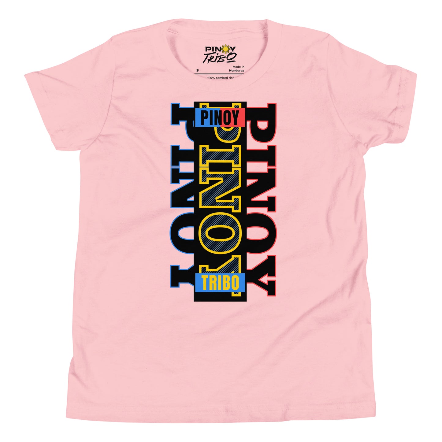 Vertical “Pinoy” text in blue, yellow, and red tri-color design inspired by the Philippine flag on a youth t-shirt.