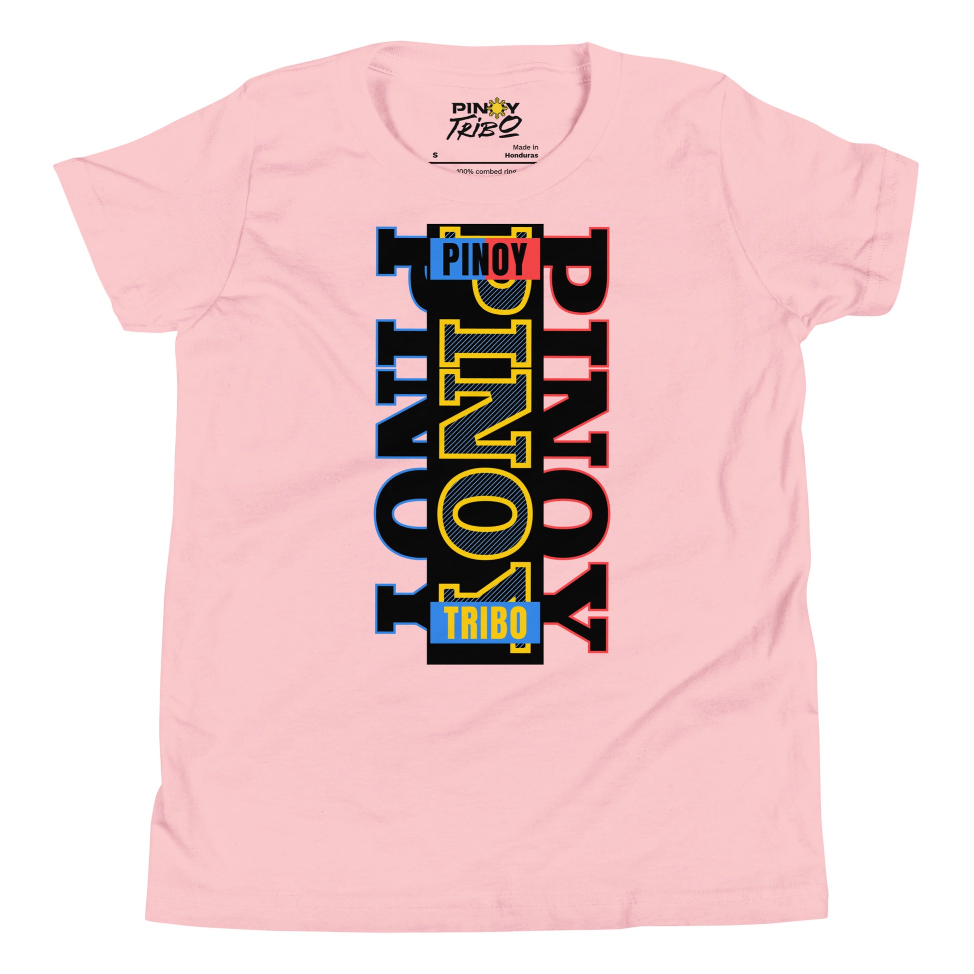 Vertical “Pinoy” text in blue, yellow, and red tri-color design inspired by the Philippine flag on a youth t-shirt.