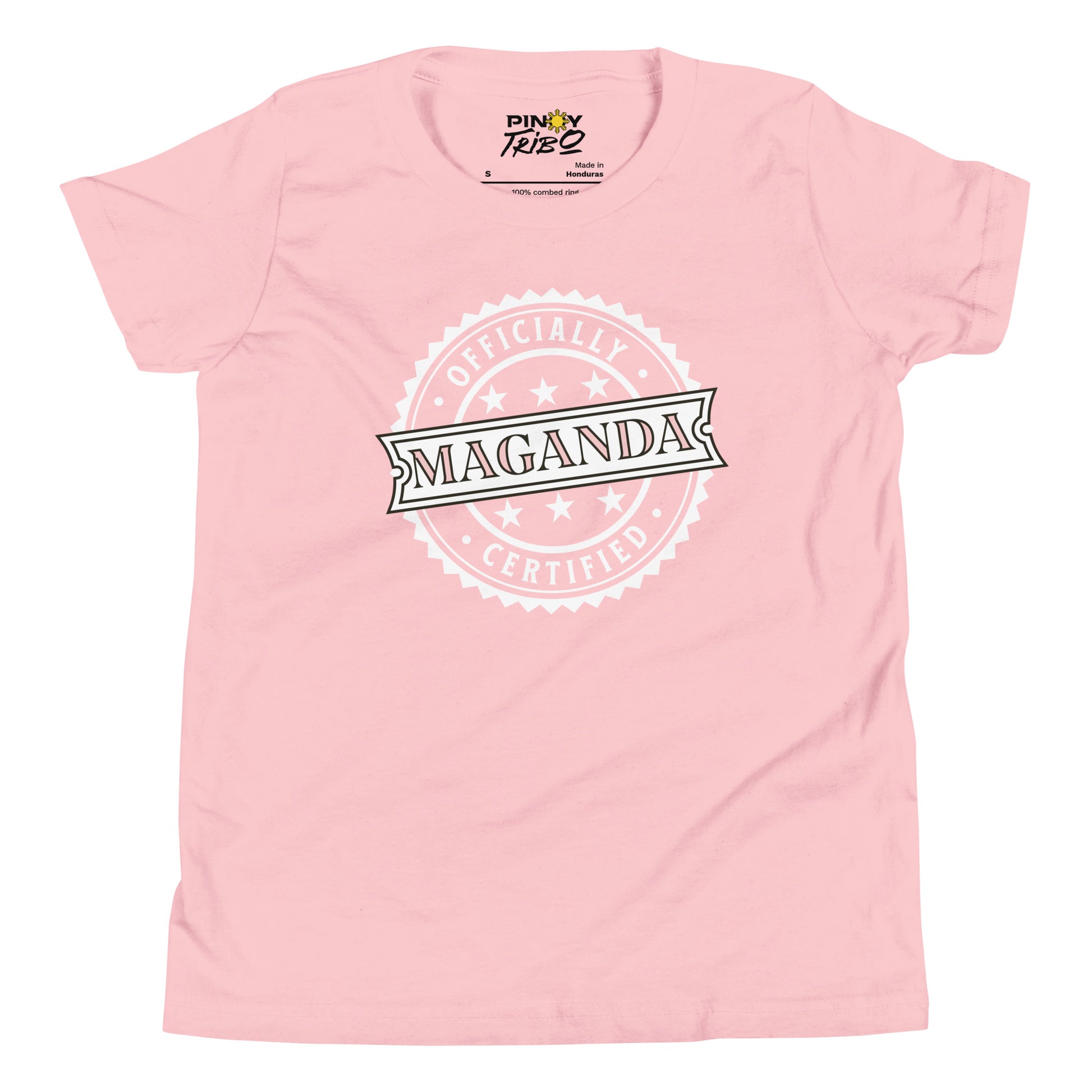 Circular badge design with the words “Officially Certified Maganda” on a youth t-shirt.