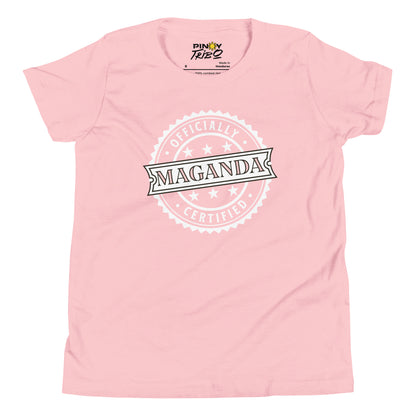 Circular badge design with the words “Officially Certified Maganda” on a youth t-shirt.