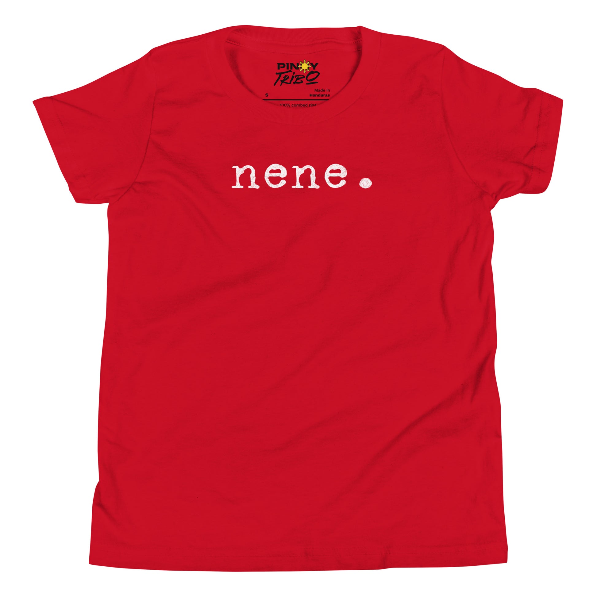 Minimalist white text “nene.” in a typewriter-style font on a youth t-shirt design.