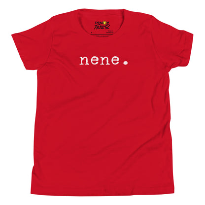 Minimalist white text “nene.” in a typewriter-style font on a youth t-shirt design.