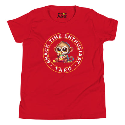 Cute cartoon Philippine tarsier named Taro eating chips with “Snack Time Enthusiast” text in a circular badge on a youth t-shirt design.