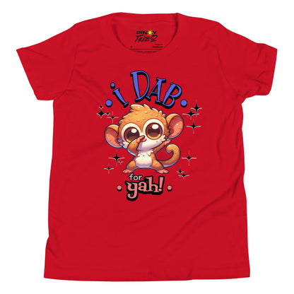 Cute cartoon Philippine tarsier named Taro dabbing with sparkling accents and “I Dab for Yah!” text on a youth t-shirt design.