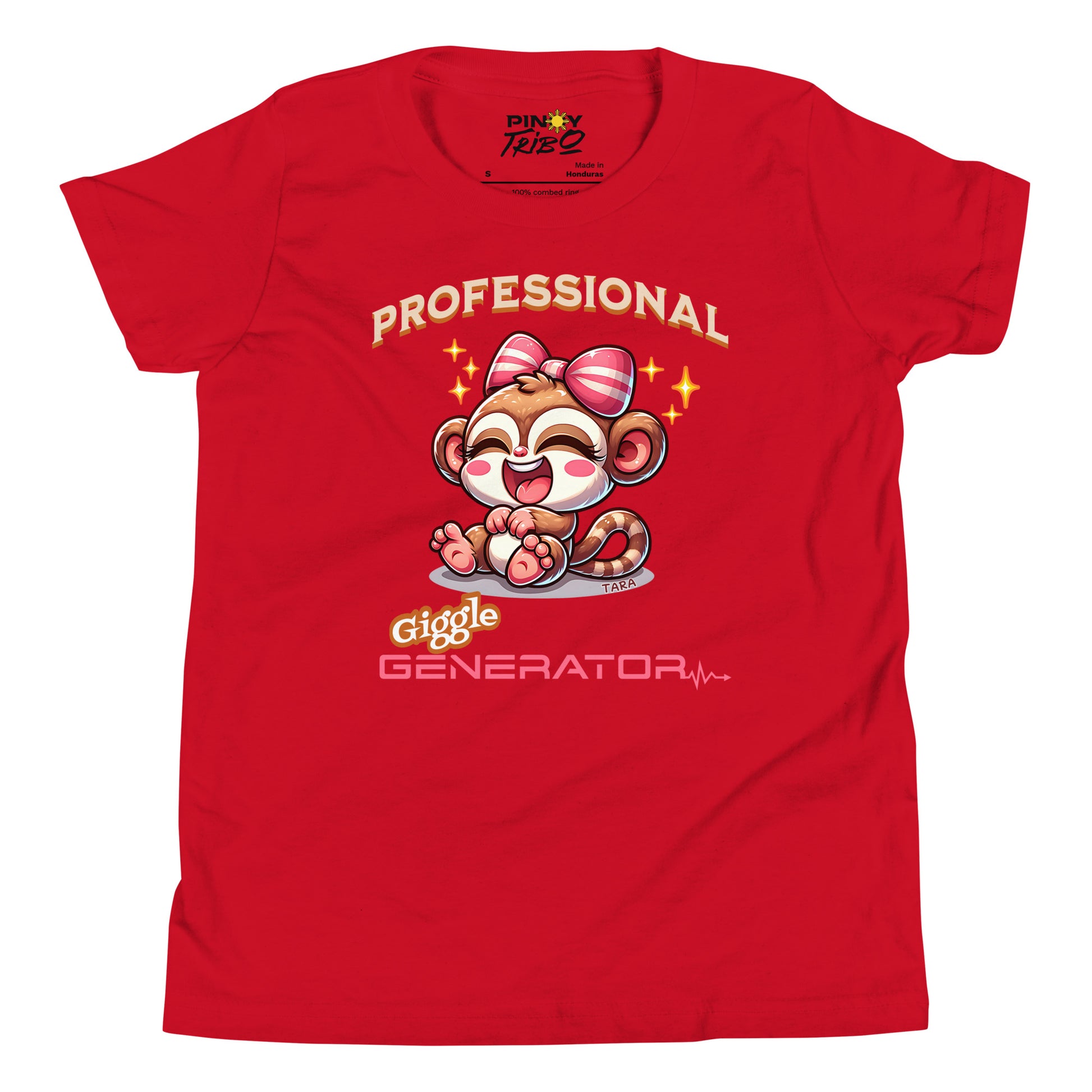 Cute cartoon Philippine tarsier named Tara with a big bow, smiling and laughing, with “Professional Giggle Generator” text on a youth t-shirt design.