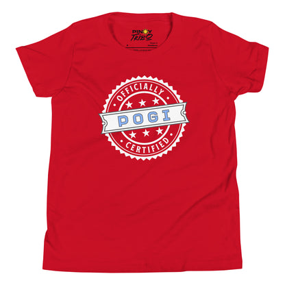 Circular badge design with the words “Officially Certified Pogi” on a youth t-shirt.