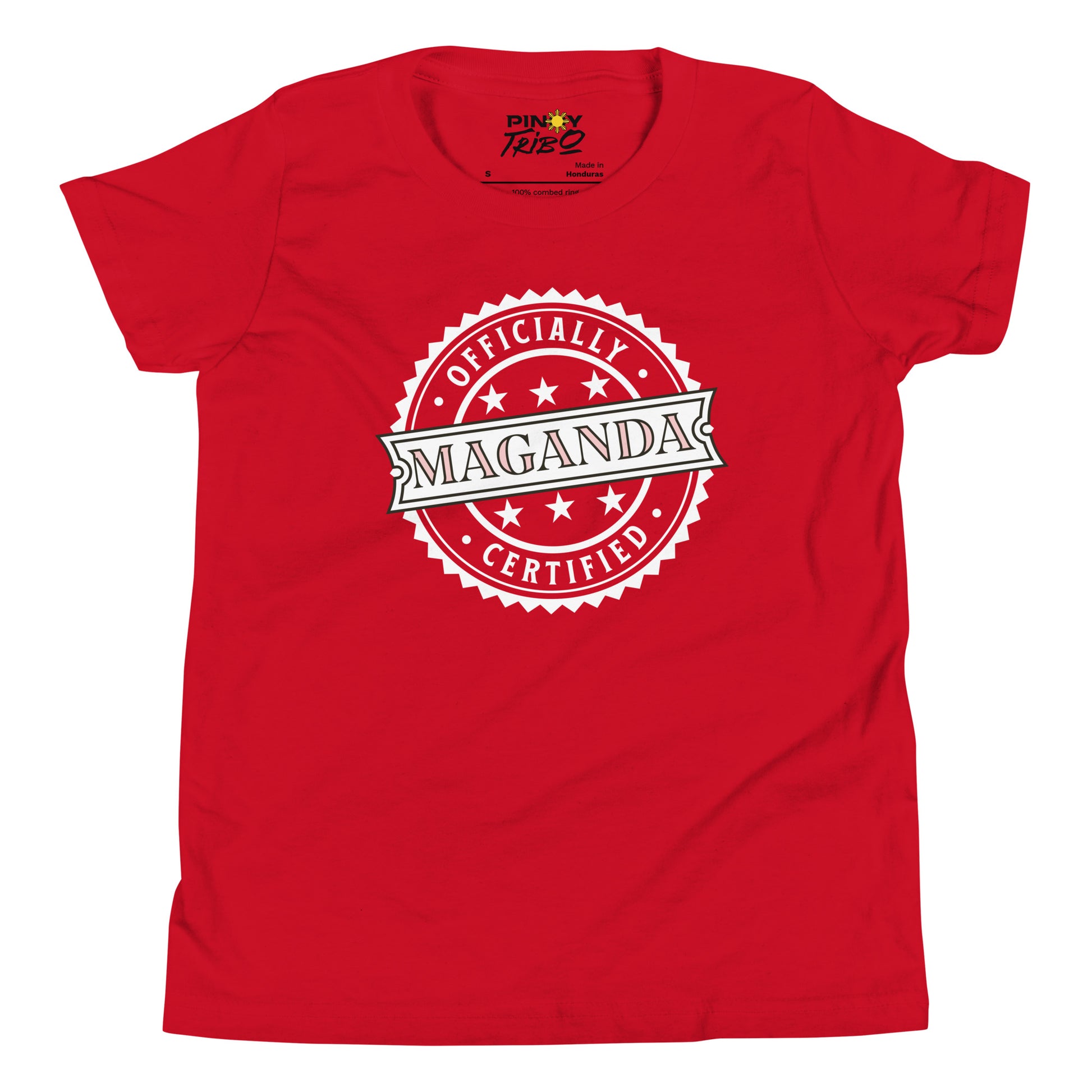 Circular badge design with the words “Officially Certified Maganda” on a youth t-shirt.